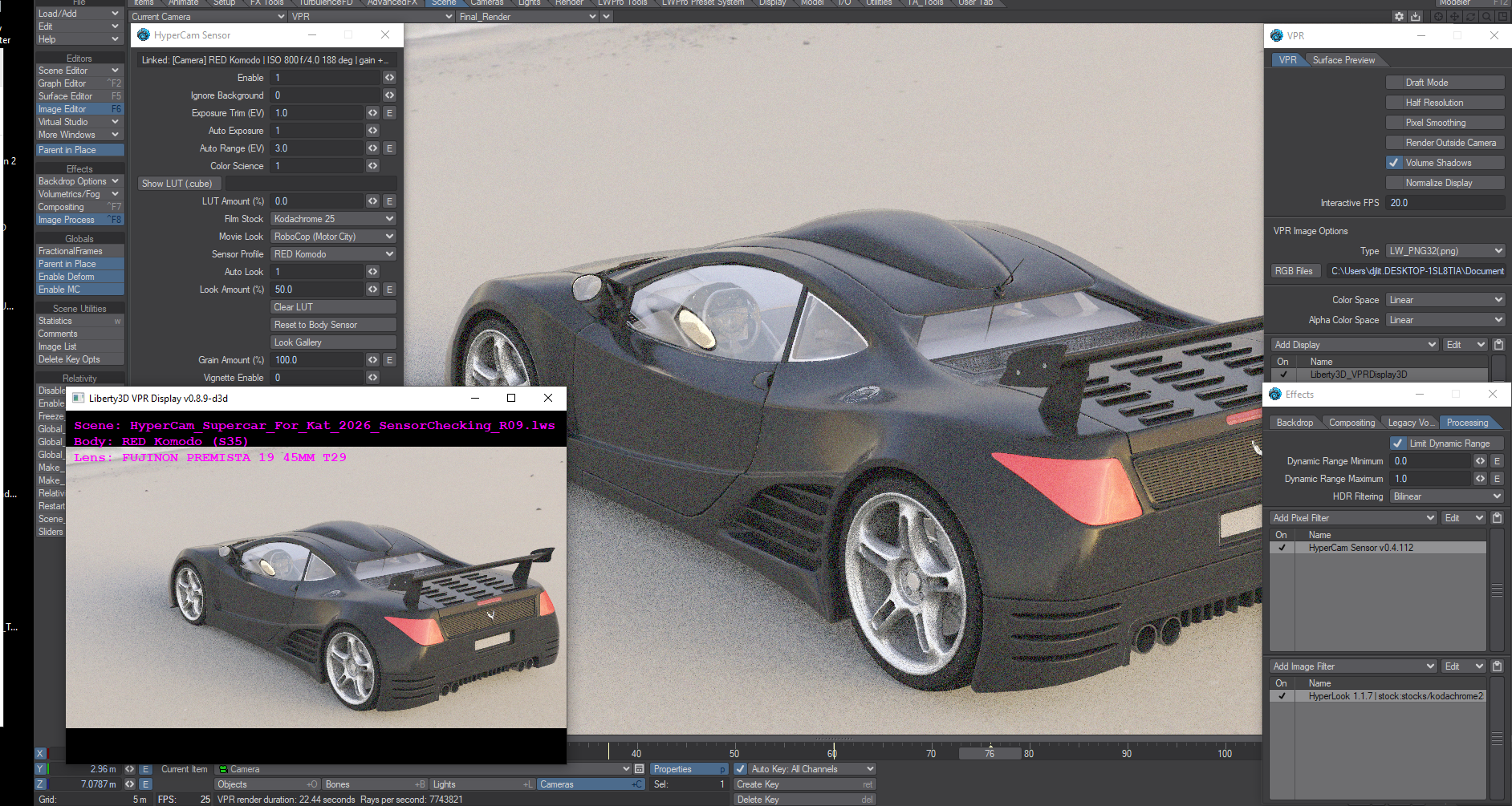 HyperCam Sensor and HyperDIT live in LightWave — RED Komodo profile with Fujinon Premista