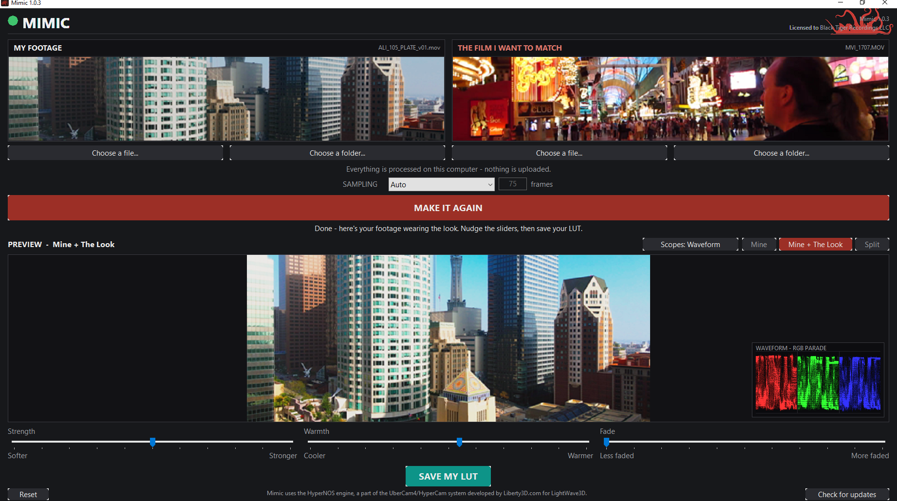 Mimic 1.0.3 at work - matching a plate to a film look, waveform scope live